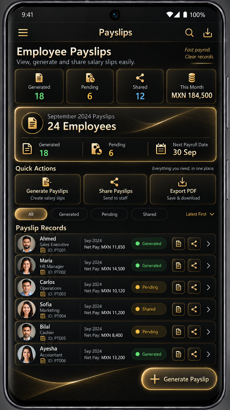 Employee payslips screen